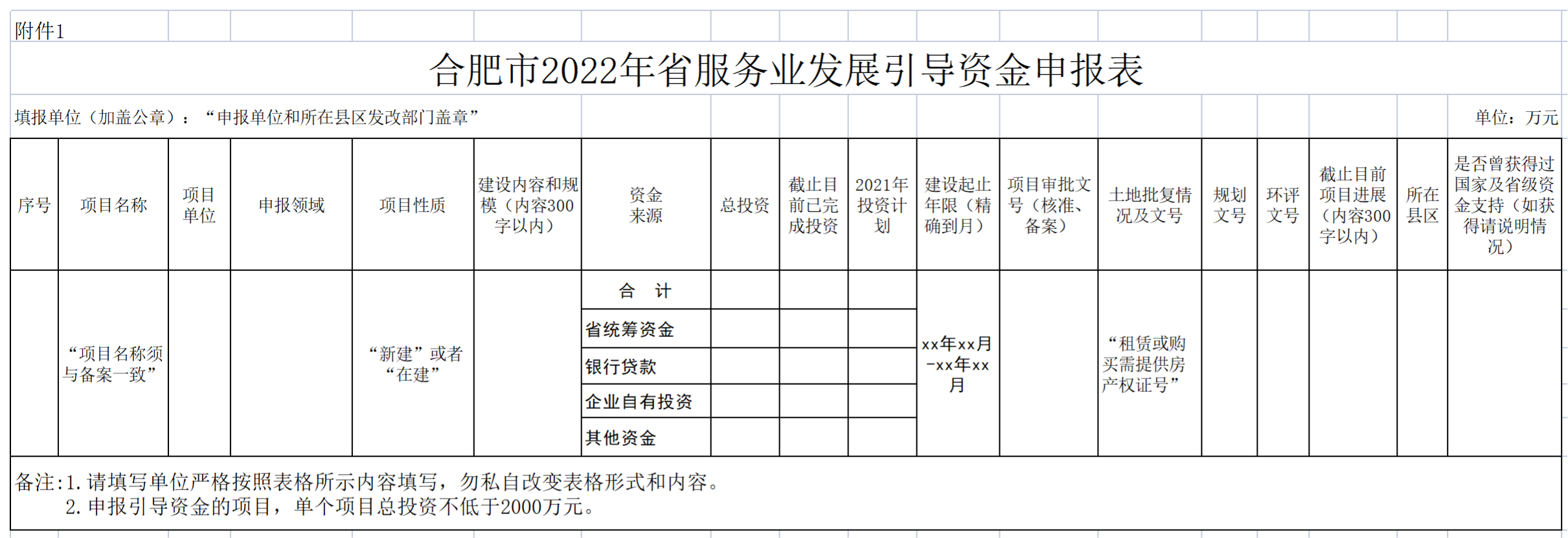 合肥市2022年省服务业发展引导资金申请表