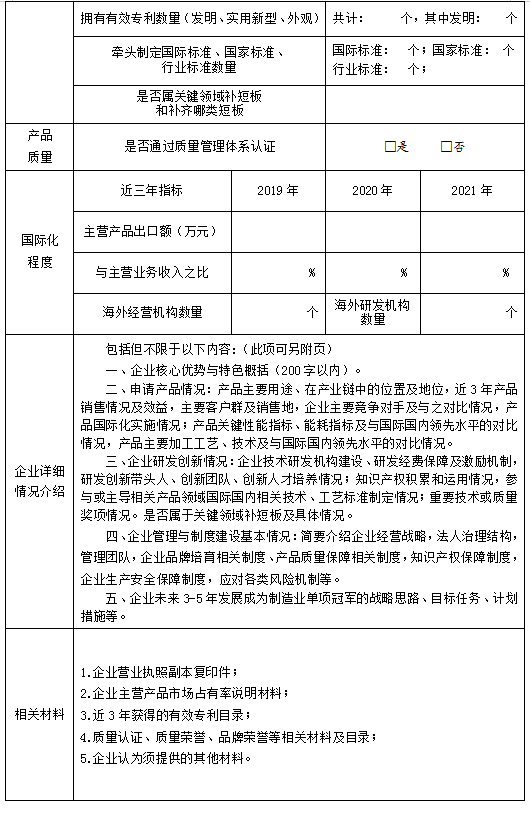 单项冠军企业培育库入库申请书