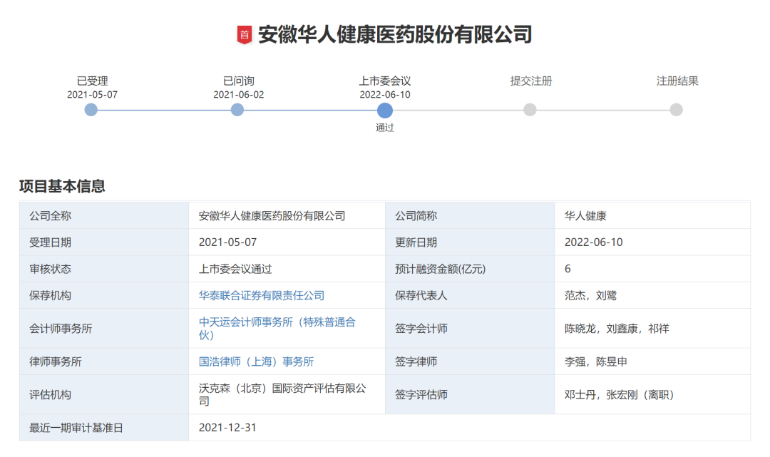 安徽华人健康医药股份有限公司IPO过会2