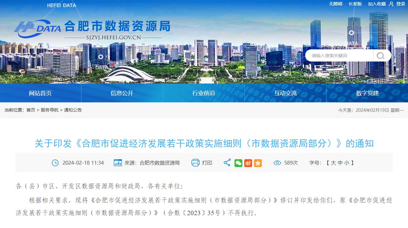 关于印发《合肥市促进经济发展若干政策实施细则（市数据资源局部分）》的通知