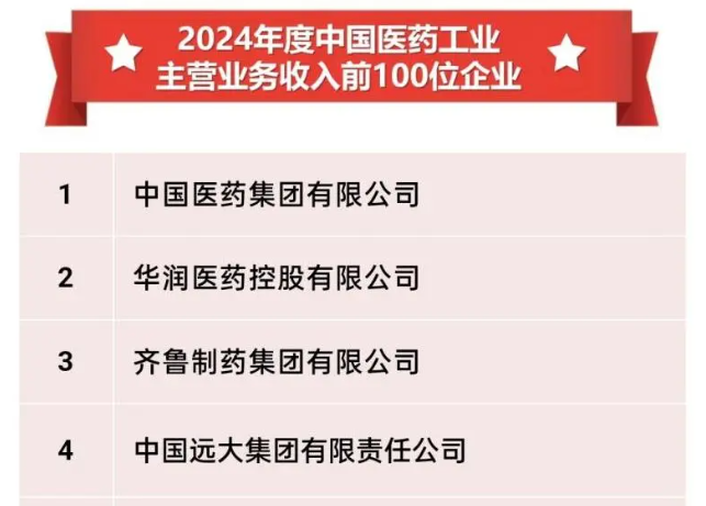 2024年度中国医药工业主营业务收入前100位企业