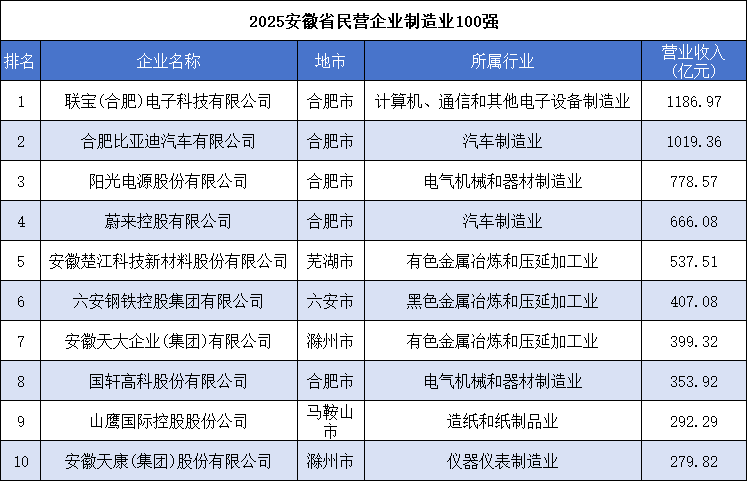 2025安徽省民营企业制造业100强