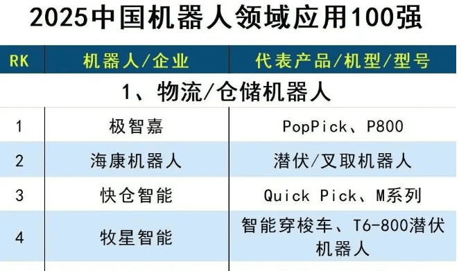 2025中国机器人领域应用100强